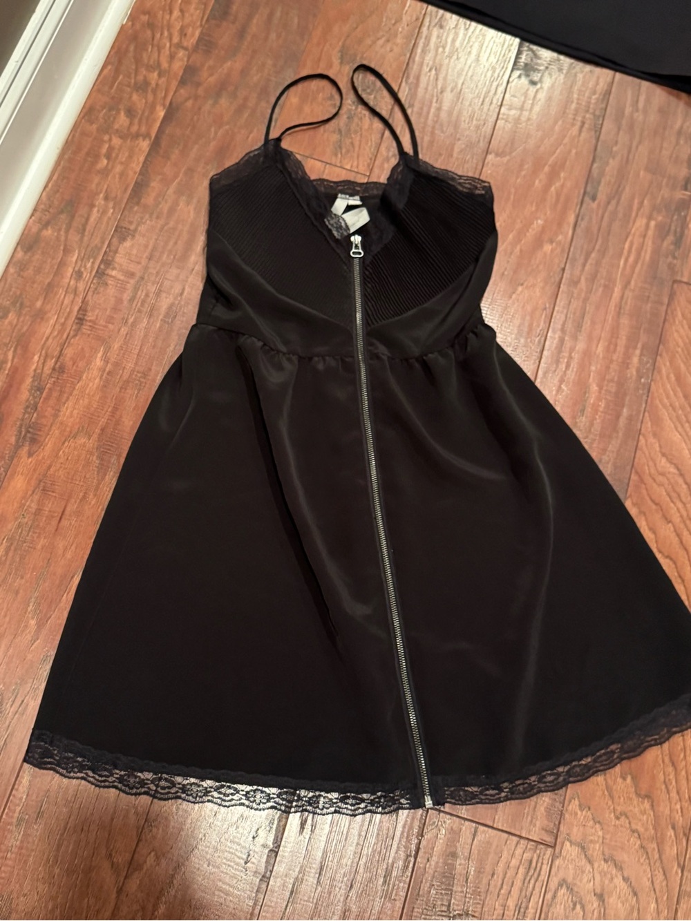 Black Slip Mini Dress with Front Zip and Lace Trim